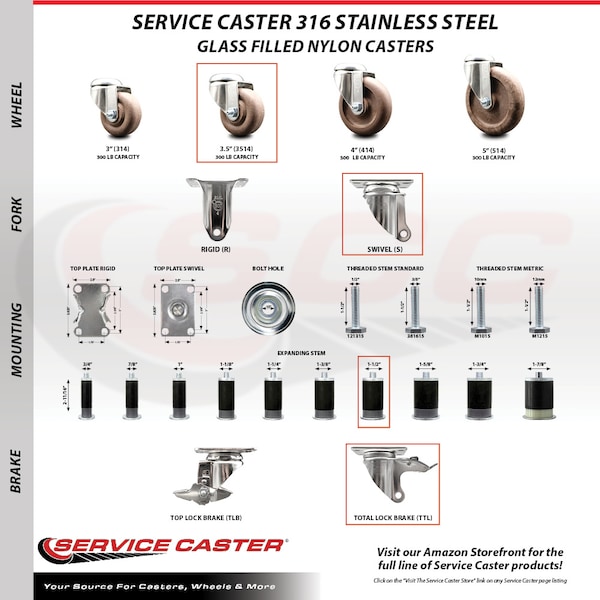 Service Caster 3.5 Inch 316SS High Temp Glass Filled Nylon 1-1/2 Inch Stem Caster Set Lck Brake SCC-SS316TTLEX20S3514-GFNSHT-112-4 - main